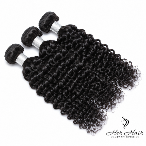Three Brazilian Deep Curly Hair bundles displayed together to show the full curl pattern, natural dark color, and consistent texture.
