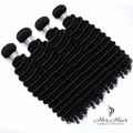Four bundles of Brazilian deep curly hair from Her Hair Company, showing thick, natural curl pattern and healthy hair texture.