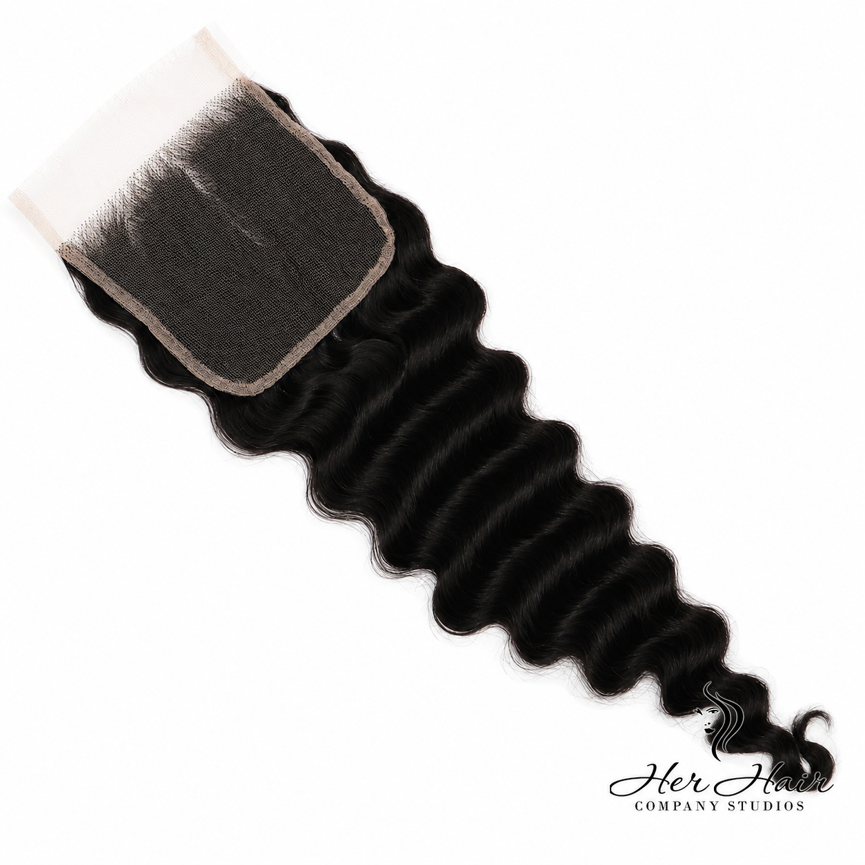 Brazilian Deep Wave 5x5 HD Lace Closure by Her Hair Company, showing close-up of the natural deep wave pattern and lace material.