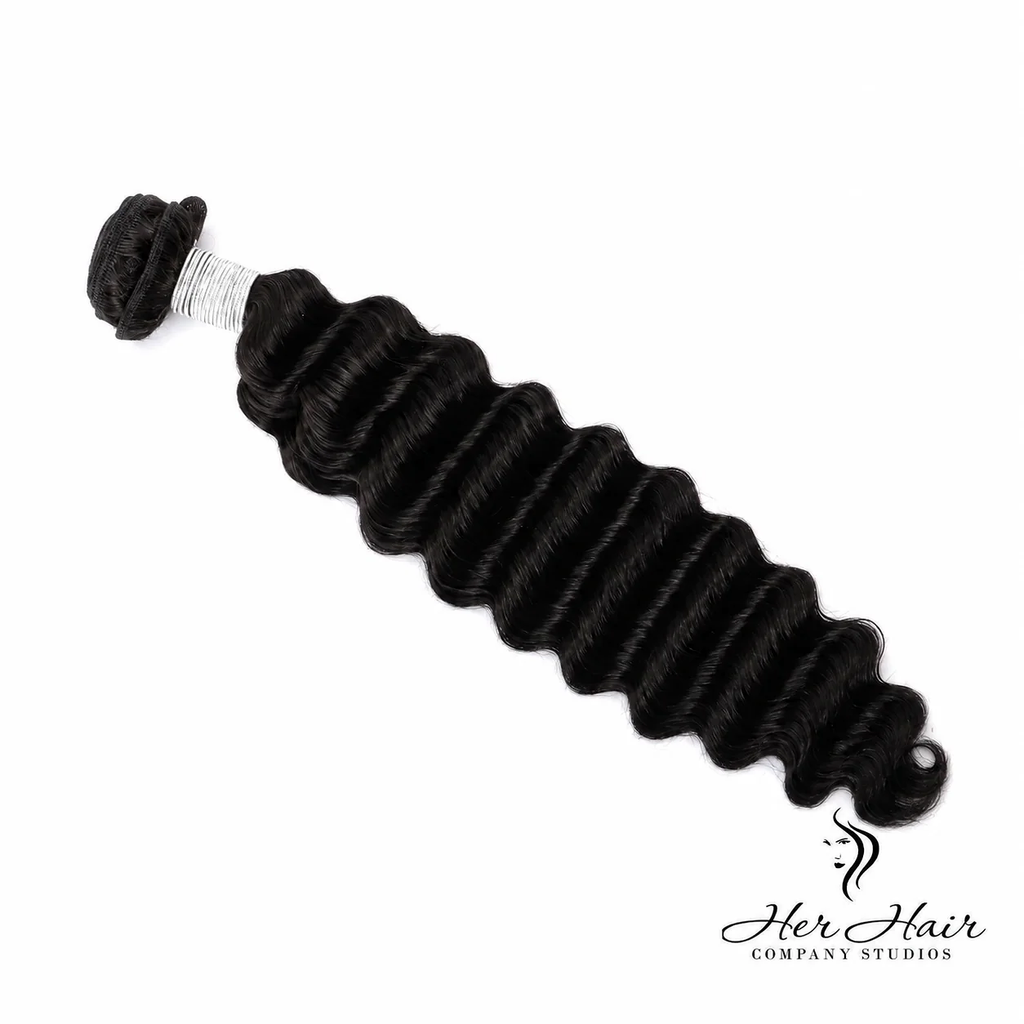 Brazilian Deep Wave Hair bundle by Her Hair Company featuring full, natural-looking deep wave texture and rich brown color.
