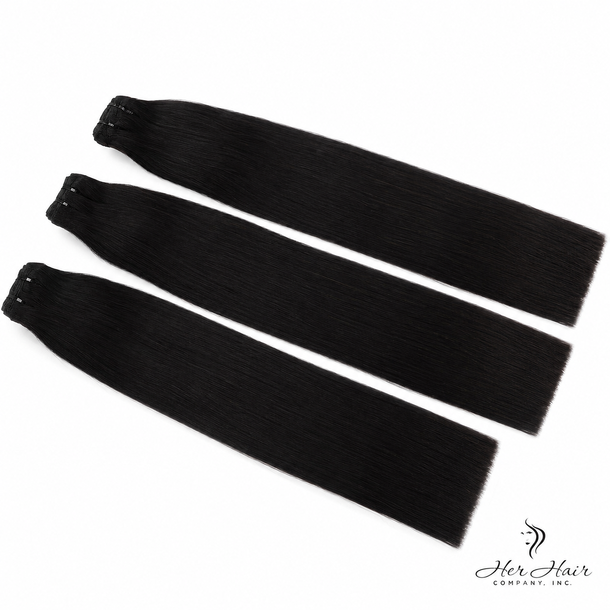 Three bundles of straight Brazilian Double Drawn Hair by Her Hair Company displayed together in a standard bundle set.
