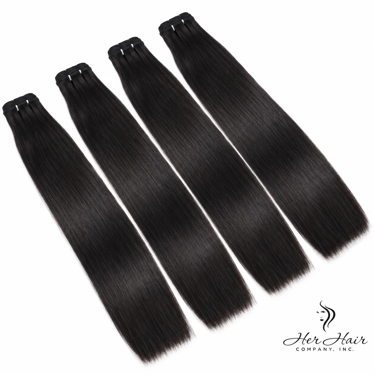 Four bundles of straight Brazilian Double Drawn Hair from Her Hair Company, neatly arranged for a standard bundle deal.