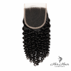 Brazilian kinky curly 4x4 HD lace closure by Her Hair Company, showing the natural textured lace front with curly hair strands.