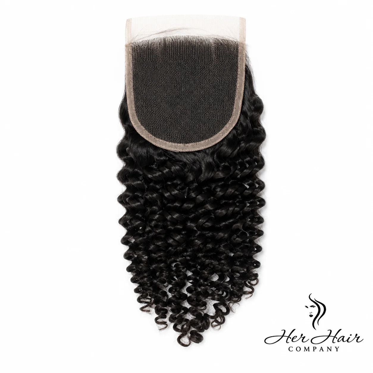 Brazilian kinky curly 4x4 HD lace closure by Her Hair Company, showcasing natural hair texture and transparent lace detail.