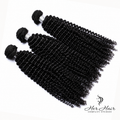 Three bundles of Brazilian kinky curly hair from Her Hair Company, showcasing full, textured curly hair bundles.