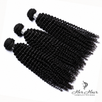 Three bundles of Brazilian kinky curly hair from Her Hair Company, showcasing full, textured curly hair bundles.