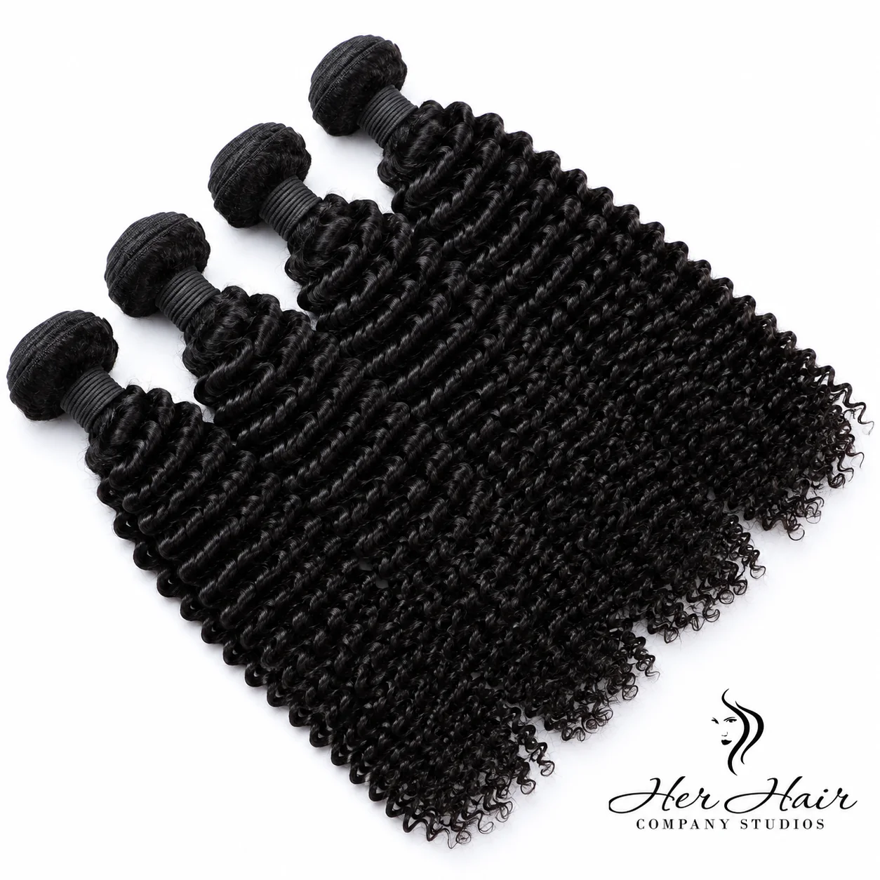 Four Brazilian Kinky Curly Hair bundles displayed together, showing the dense curl pattern, natural dark color, and fullness of the 4 bundle deal.