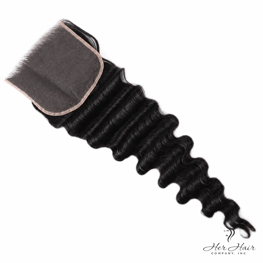 Brazilian Loose Deep Wave 5x5 HD lace closure from Her Hair Company, showcasing natural wave pattern and transparent lace detail.