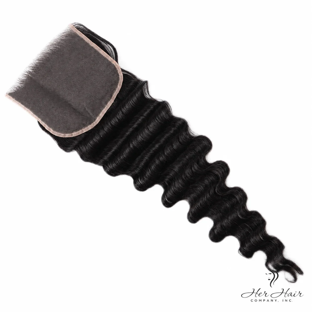 Brazilian Loose Deep Wave 5x5 HD lace closure from Her Hair Company, showcasing natural wave pattern and transparent lace detail.