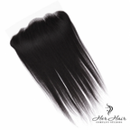 Brazilian straight 13x6 HD lace frontal from Her Hair Company showing close-up of natural hair texture and lace detail.