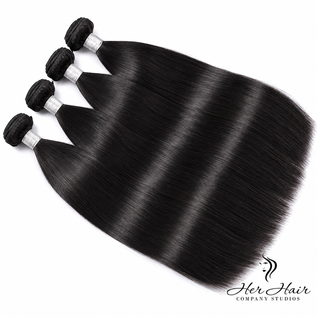 Brazilian straight hair bundles by Her Hair Company, showing four natural, sleek hair bundles in a standard bundle deal.