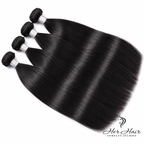 Brazilian straight hair bundles by Her Hair Company, showing four natural, sleek hair bundles in a standard bundle deal.