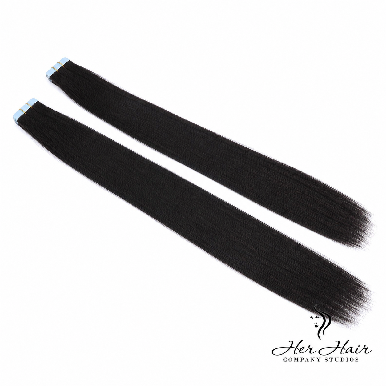 Straight Brazilian Tape-In Hair Extensions by Her Hair Company, showing individual tape-in hair extension strips.