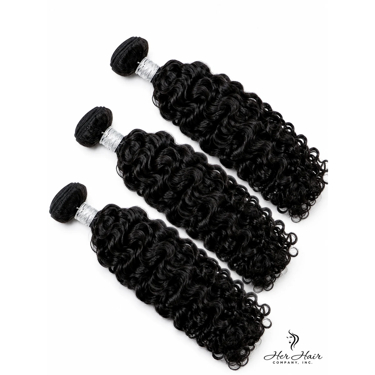 Three bundles of Brazilian Water Wave hair from Her Hair Company, showing the lush, wavy texture and natural shine.
