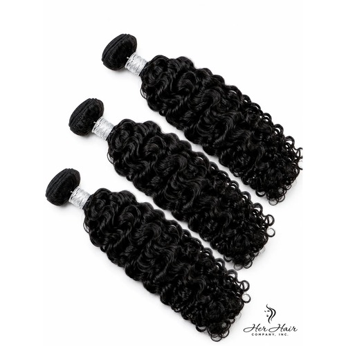 Three bundles of Brazilian Water Wave hair from Her Hair Company, showing the lush, wavy texture and natural shine.