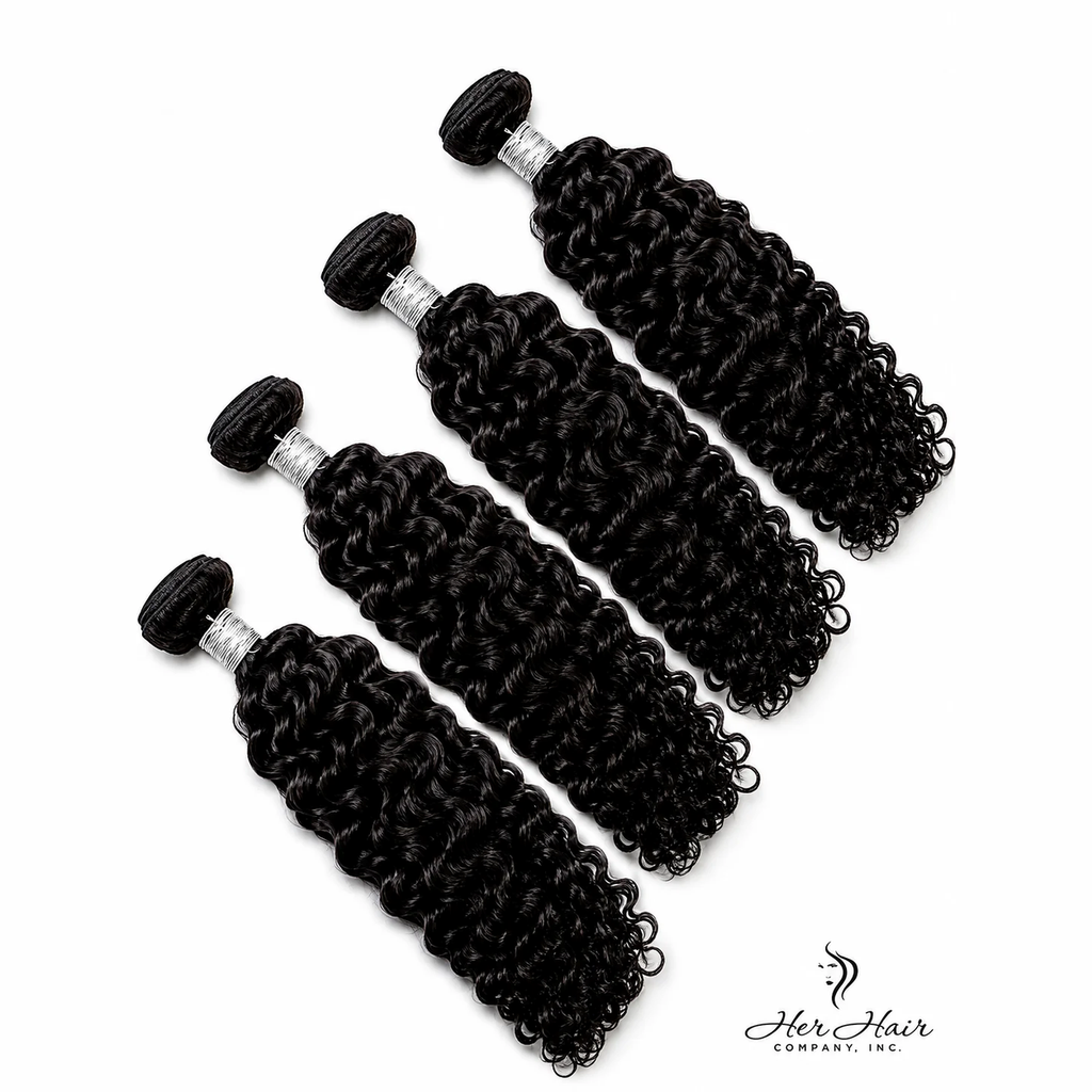 Brazilian Water Wave Hair 4 Bundle Deal by Her Hair Company, showing four standard bundles of textured, wavy hair.