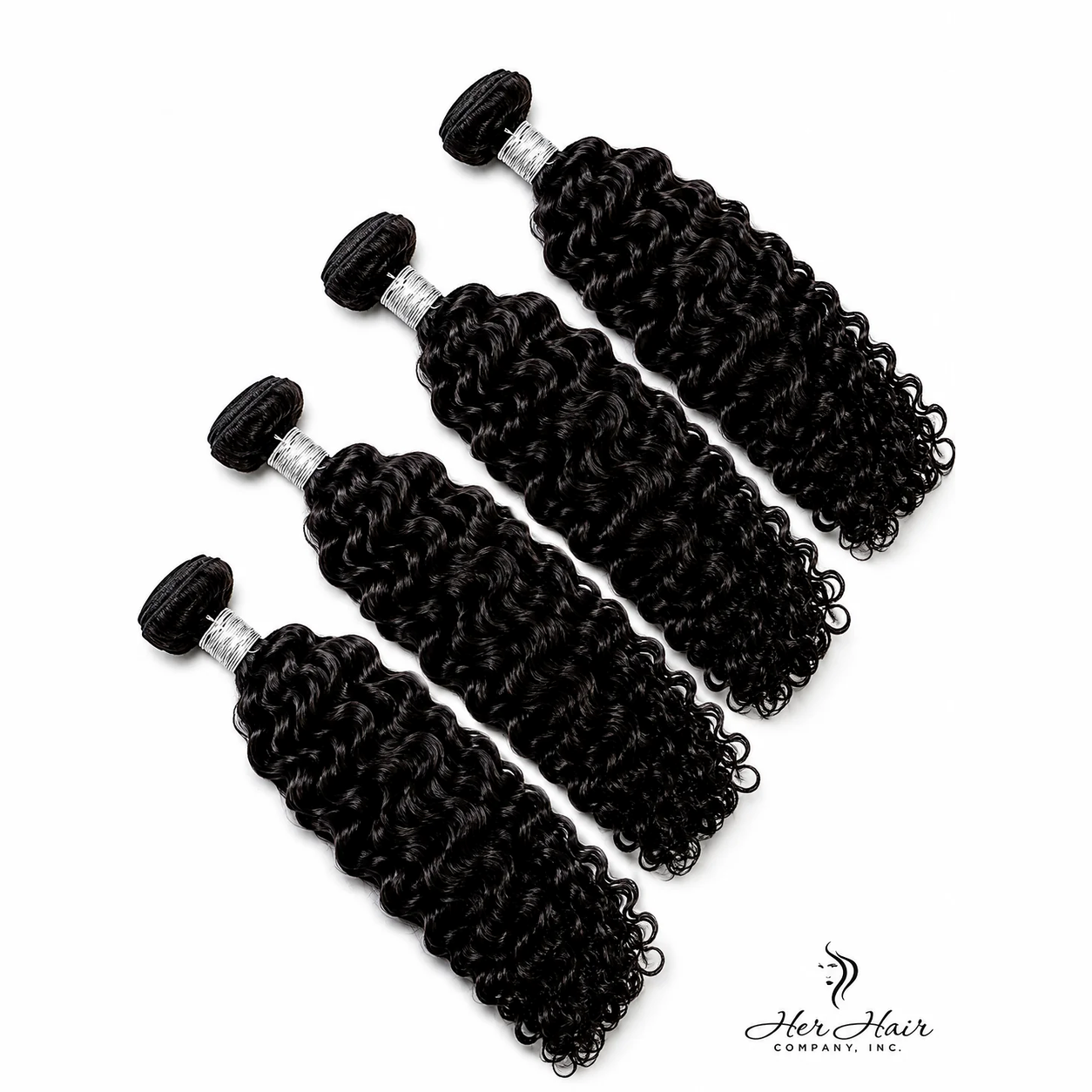 Brazilian Water Wave Hair 4 Bundle Deal by Her Hair Company, showing four standard bundles of textured, wavy hair.