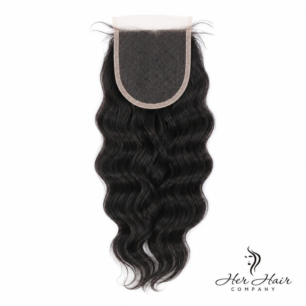 Brazilian wavy 4x4 HD lace closure from Her Hair Company featuring natural wave pattern and transparent lace for seamless blend