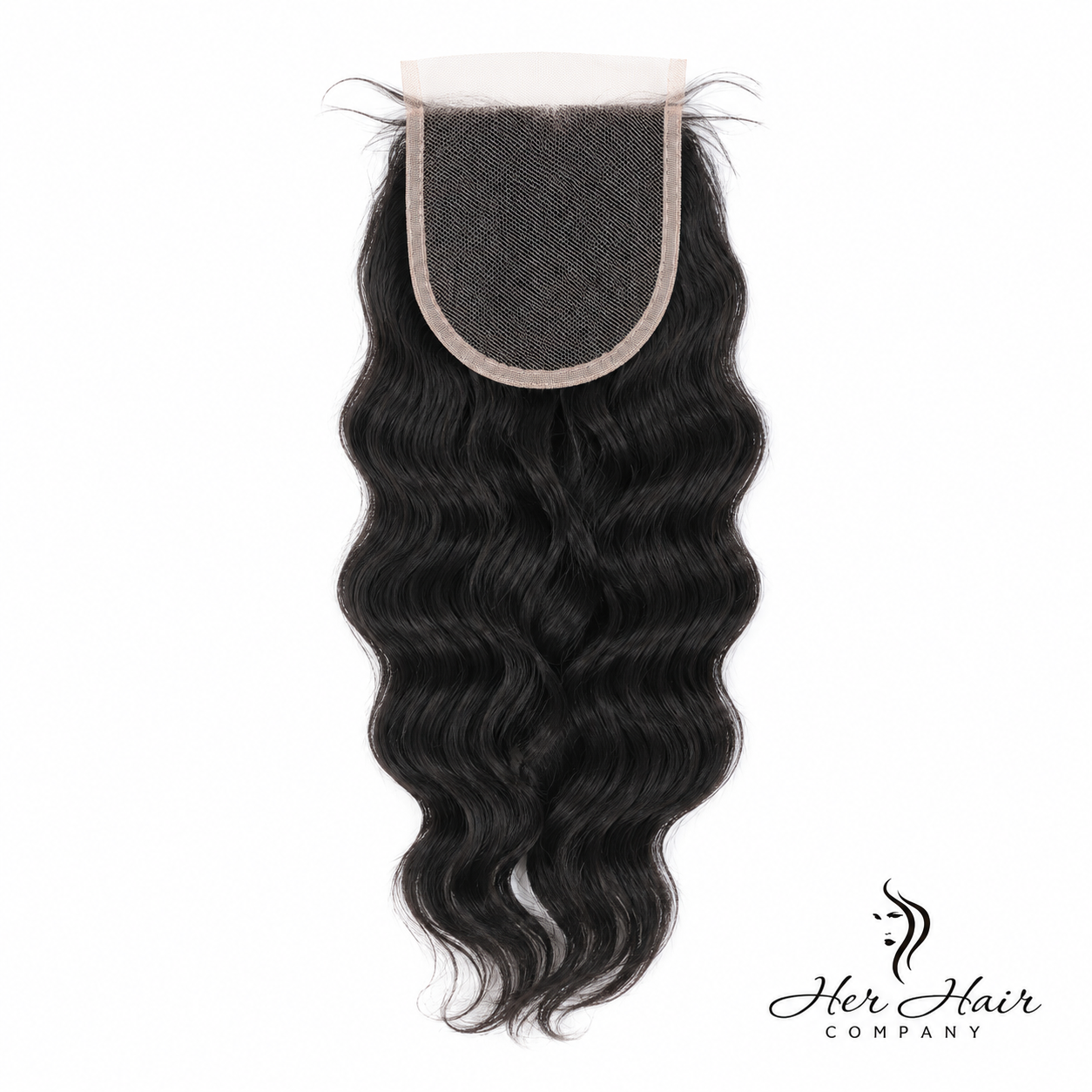 Brazilian Wavy 4x4 HD Lace Closure displayed alone to show the transparent lace base, natural black color, and soft wavy texture.