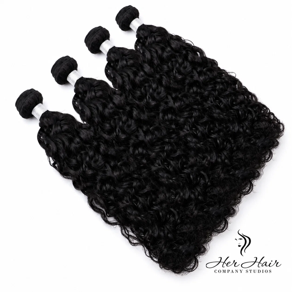 Brazilian wavy hair bundles from Her Hair Company, featuring four standard bundles with natural, flowing wavy texture.