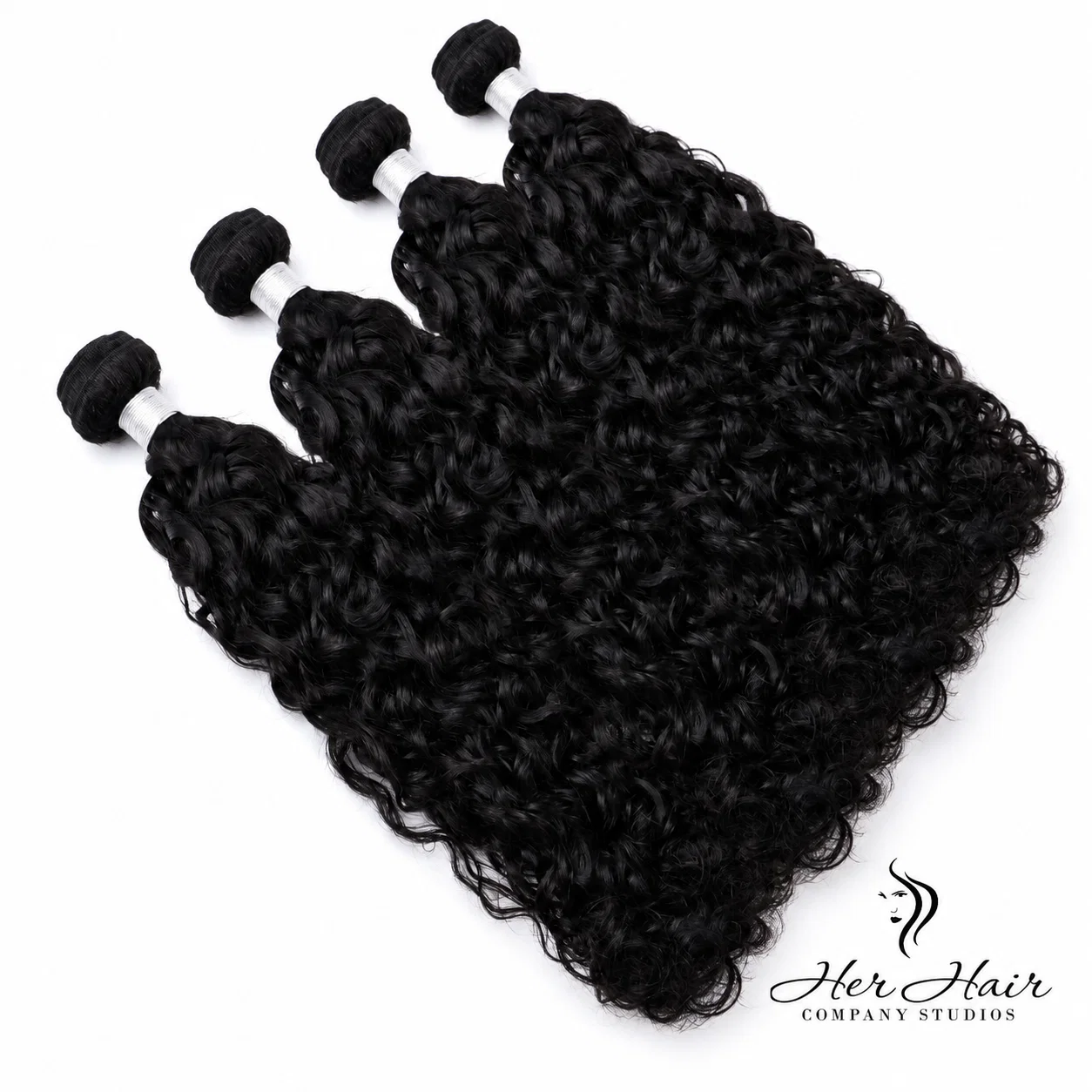 Brazilian wavy hair bundles from Her Hair Company, featuring four standard bundles with natural, flowing wavy texture.