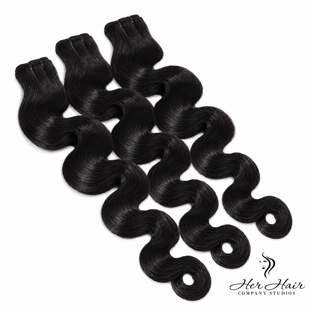 Three bundles of Burmese raw body wave hair from Her Hair Company, showcasing natural wavy hair extensions in standard bundle packaging.