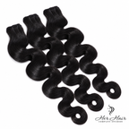 Three bundles of Burmese raw body wave hair from Her Hair Company, showcasing natural wavy hair extensions in standard bundle packaging.
