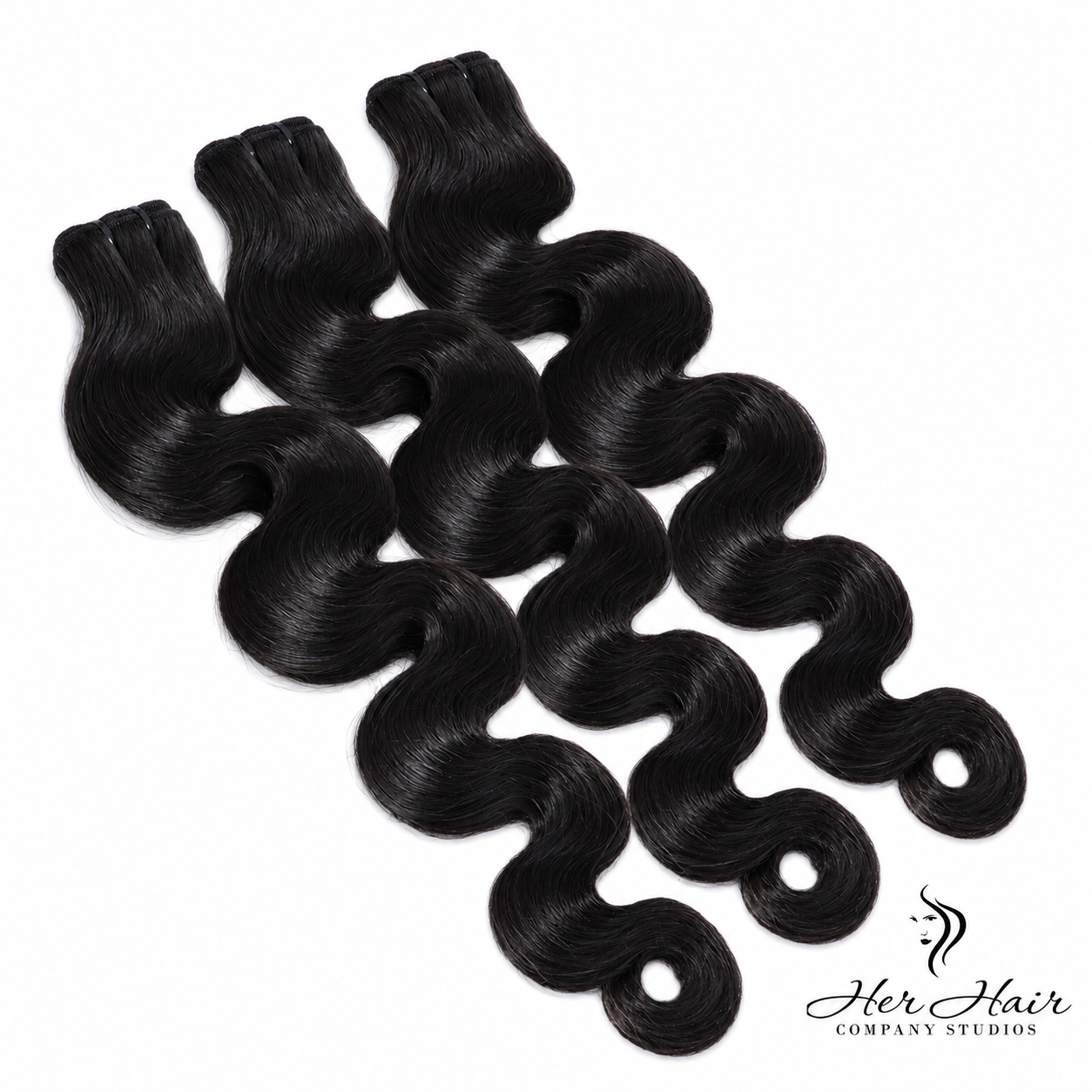 Three bundles of Burmese raw body wave hair from Her Hair Company, displayed together in a standard bundle package.