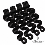 Four bundles of Burmese raw body wave hair from Her Hair Company, showing natural dark hair with soft waves.