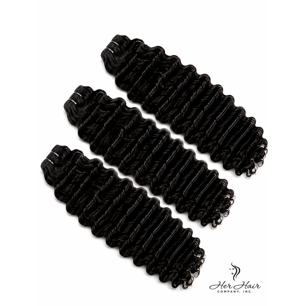Three bundles of Burmese raw curly hair, natural textured hair extensions in a standard bundle deal, displayed in the image.