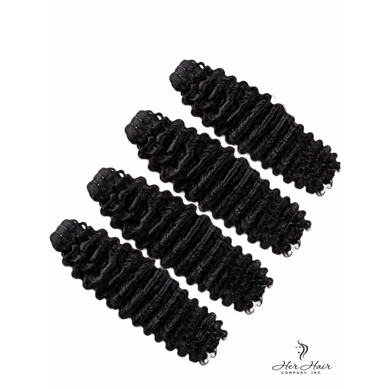 Four bundles of Burmese raw curly hair from Her Hair Company, natural textured hair extensions in a standard bundle set.