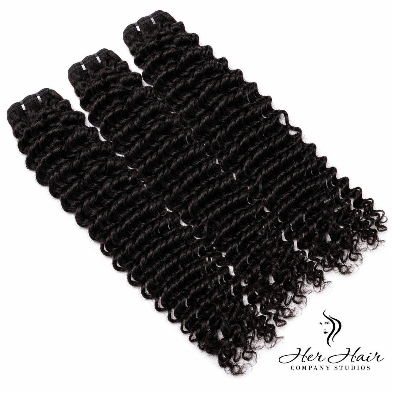 Three bundles of Burmese raw deep curly hair from Her Hair Company, showcasing thick, natural curly hair bundles.