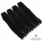 Four bundles of Burmese raw deep curly hair from Her Hair Company, showcasing natural deep curly texture and high-quality bundles.
