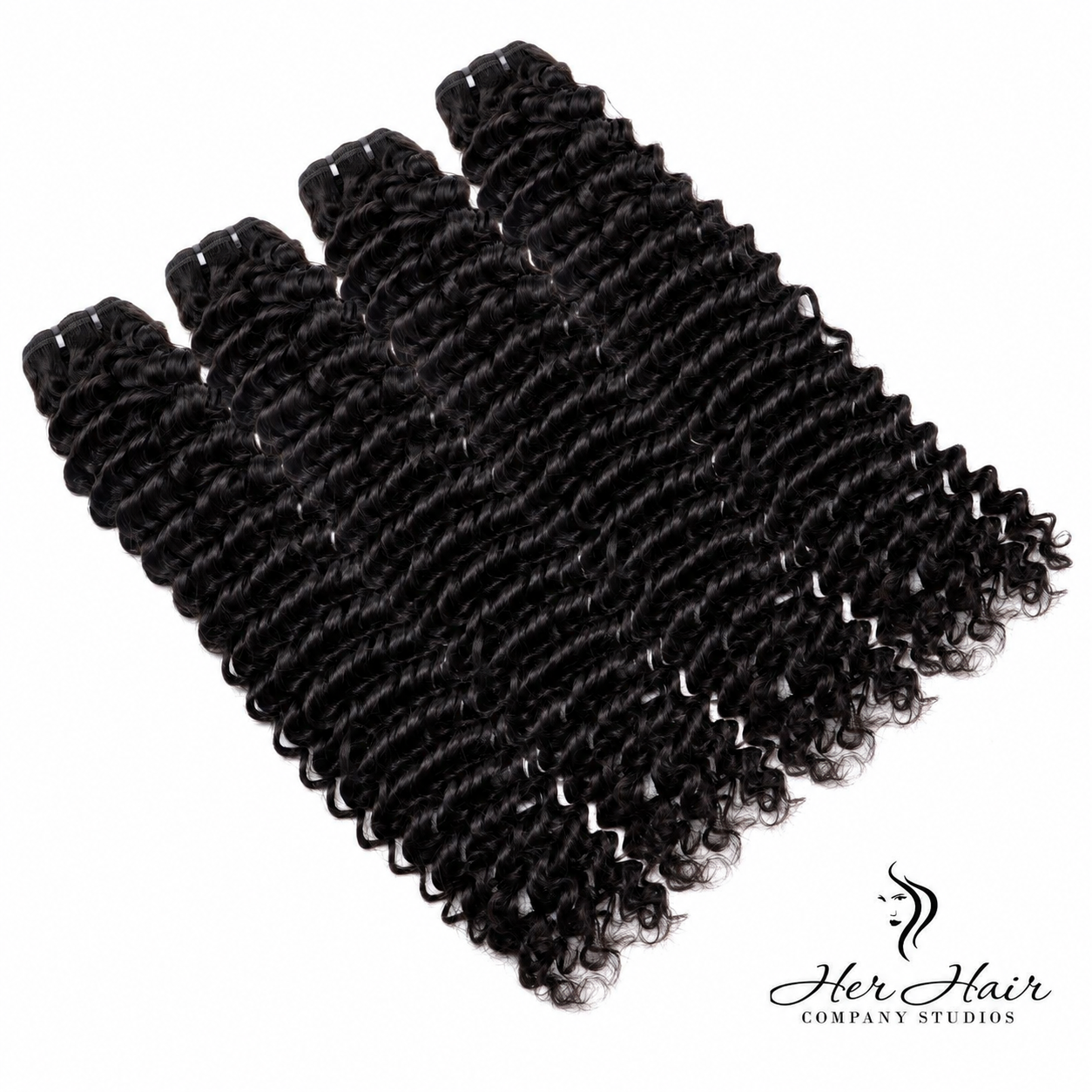 Four bundles of Burmese raw deep curly hair from Her Hair Company, showcasing natural deep curly texture and high-quality bundles.