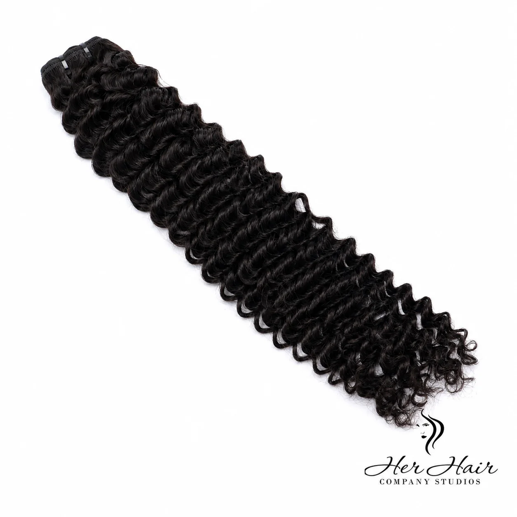 Burmese raw deep curly hair bundle from Her Hair Company, showcasing thick, natural deep curls in a standard bundle.