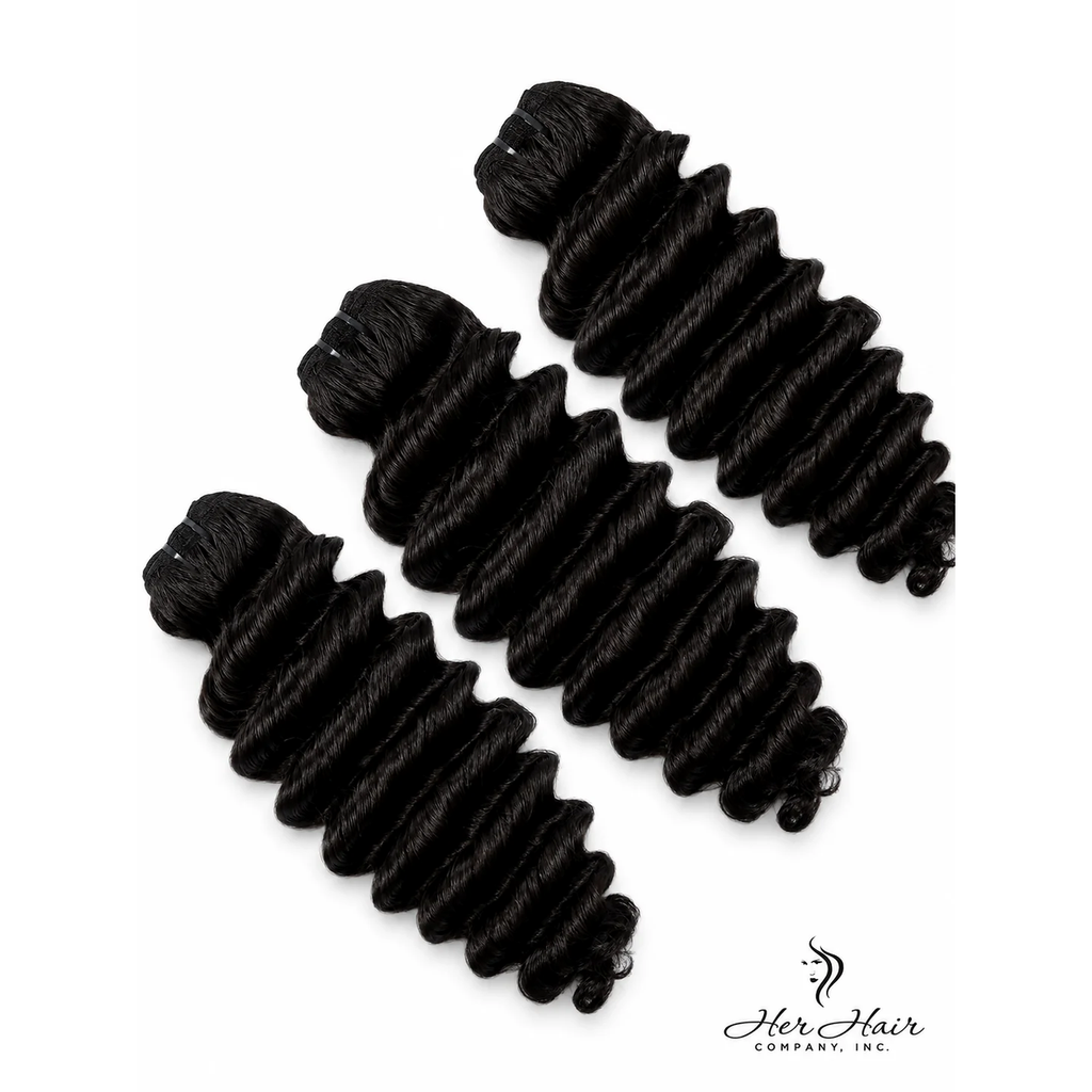 Three bundles of Burmese raw deep wave hair from Her Hair Company, showcasing the natural wavy texture and rich color.