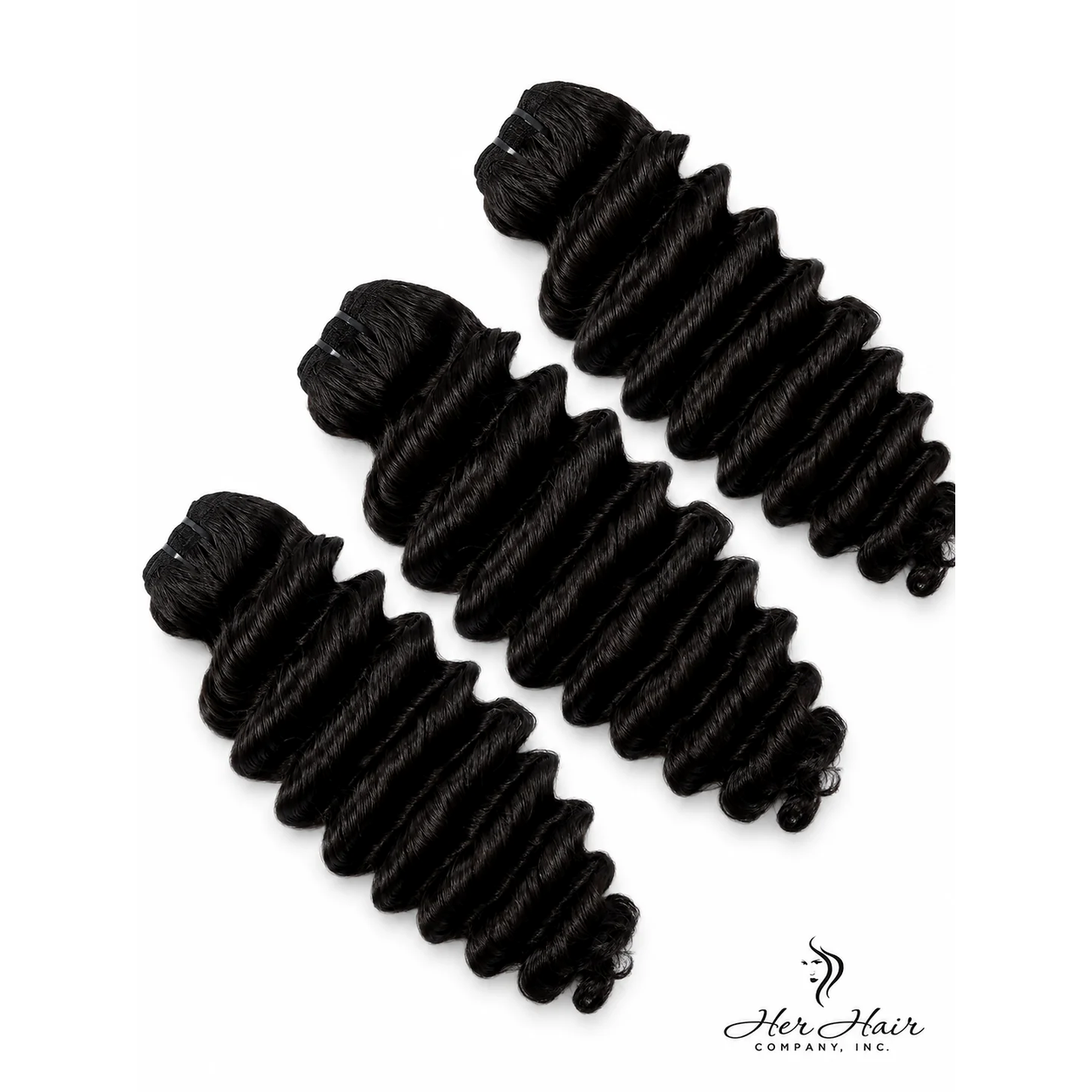 Three bundles of Burmese raw deep wave hair from Her Hair Company, showcasing the natural wavy texture and rich color.