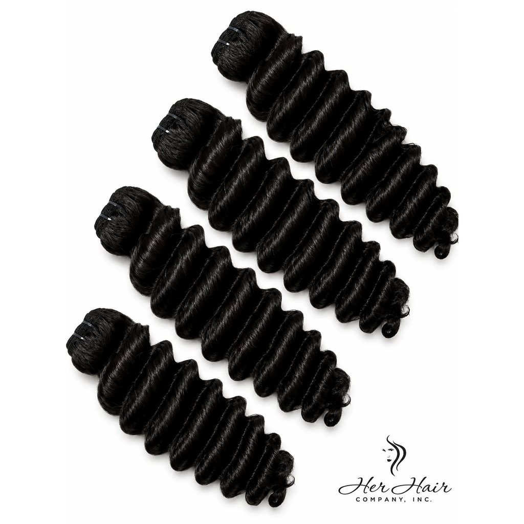 Four bundles of Burmese raw deep wave hair from Her Hair Company, showcasing natural, textured deep wave hair bundles.