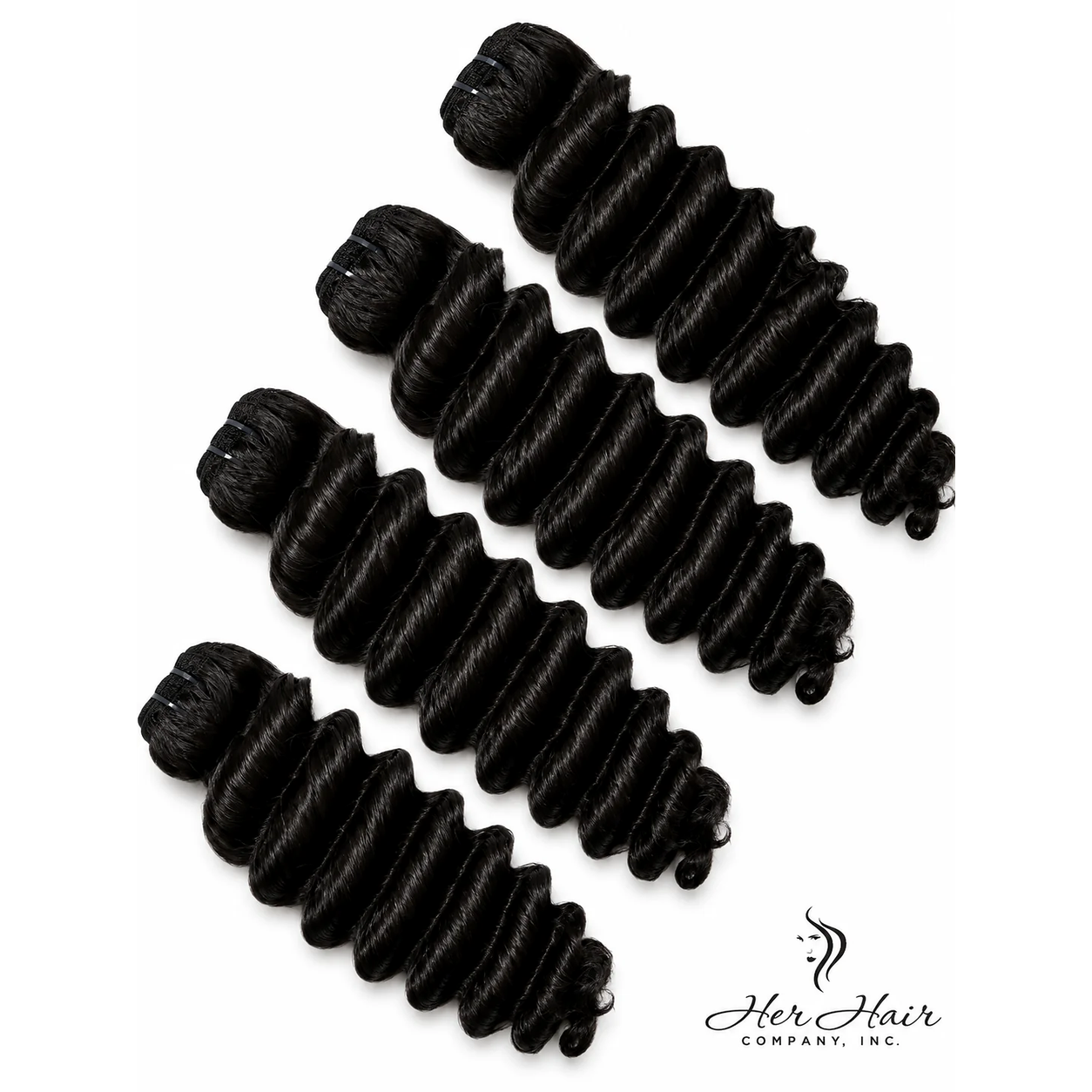 Four bundles of Burmese raw deep wave hair from Her Hair Company, showcasing natural, textured deep wave hair bundles.