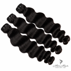 Three bundles of Burmese Raw Loose Deep Wave hair from Her Hair Company, showcasing natural wavy texture and full bundle size.