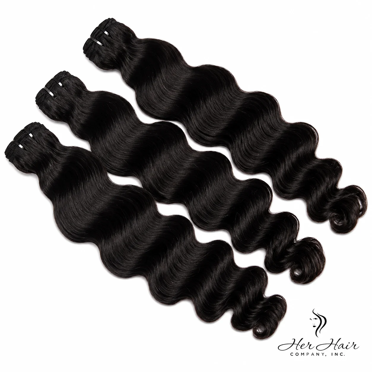 Three bundles of Burmese Raw Loose Deep Wave hair from Her Hair Company, showcasing natural wavy texture and full bundle size.