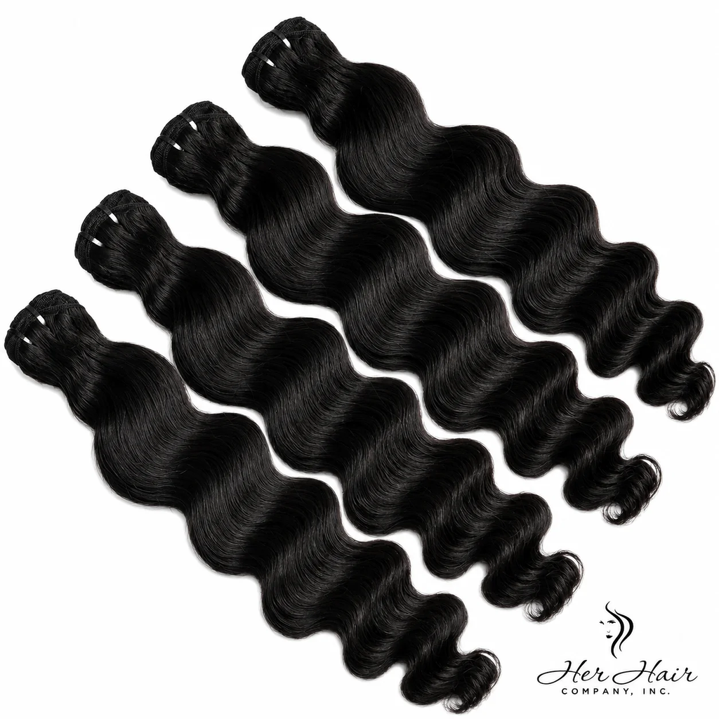 Four bundles of Burmese raw loose deep wave hair from Her Hair Company, showcasing soft, natural textured curly hair bundles.
