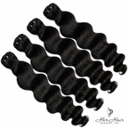Four bundles of Burmese raw loose deep wave hair from Her Hair Company, showcasing soft, natural textured curly hair bundles.