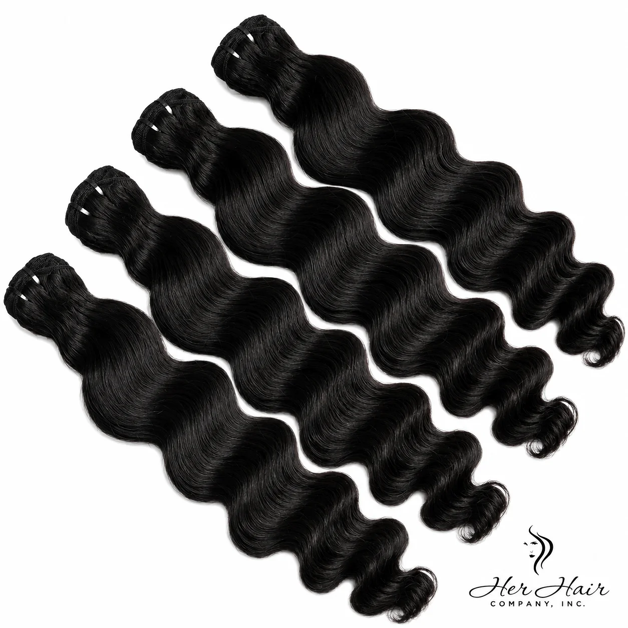 Four bundles of Burmese raw loose deep wave hair from Her Hair Company, showcasing soft, natural textured curly hair bundles.