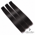 Three bundles of Burmese raw straight hair in a standard bundle deal, showcasing smooth, natural-looking hair extensions.