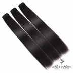 Three bundles of Burmese raw straight hair in a standard bundle deal, showcasing smooth, natural-looking hair extensions.