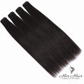 Four bundles of Burmese raw straight hair from Her Hair Company, showcasing the sleek, natural straight texture of the hair extensions.