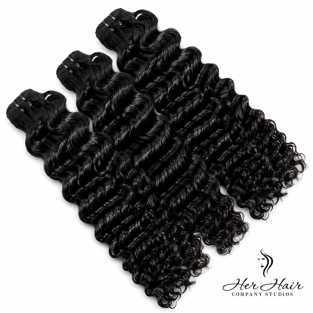 Three bundles of Burmese raw wavy hair from Vendor-Unknown, showcasing thick, natural waves in a standard bundle deal.