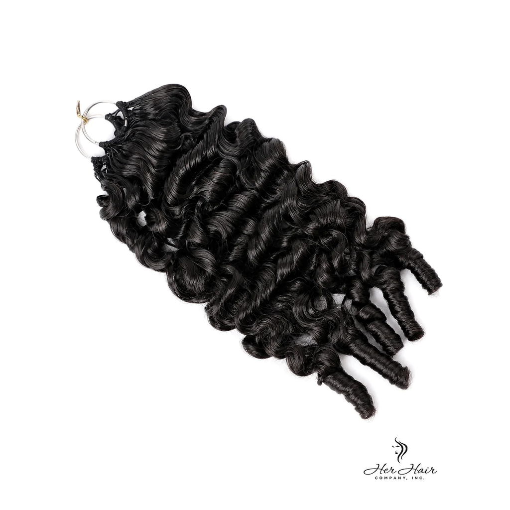 Burmese Spiral Crochet Hair Standard Bundle by Her Hair Company, showing a close-up of the textured, spiral curled synthetic hair bundle.