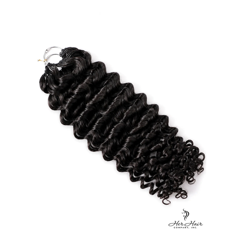 Deep curly crochet hair bundle by Her Hair Company with tightly coiled, voluminous texture in a standard pack.